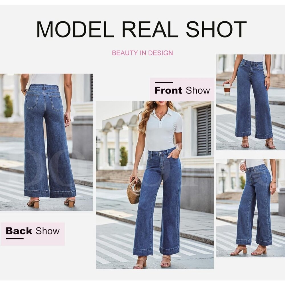 Women's Sky Blue Waisted Wide Leg Denim Jeans Stretchy Loose Pants with Pocket - Picture 5 of 6